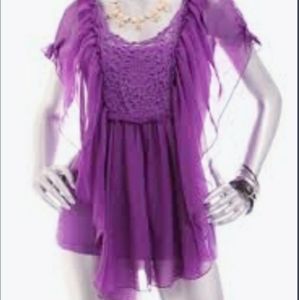 Rampage - Beautiful Ruffle Flutter Sleeve Top w/ Crochet Neckline- Purple
